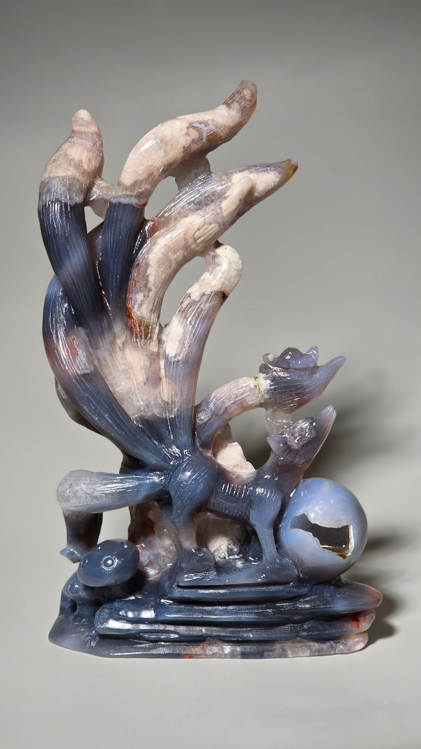 Flower Agate Nine Tail Fox Carving