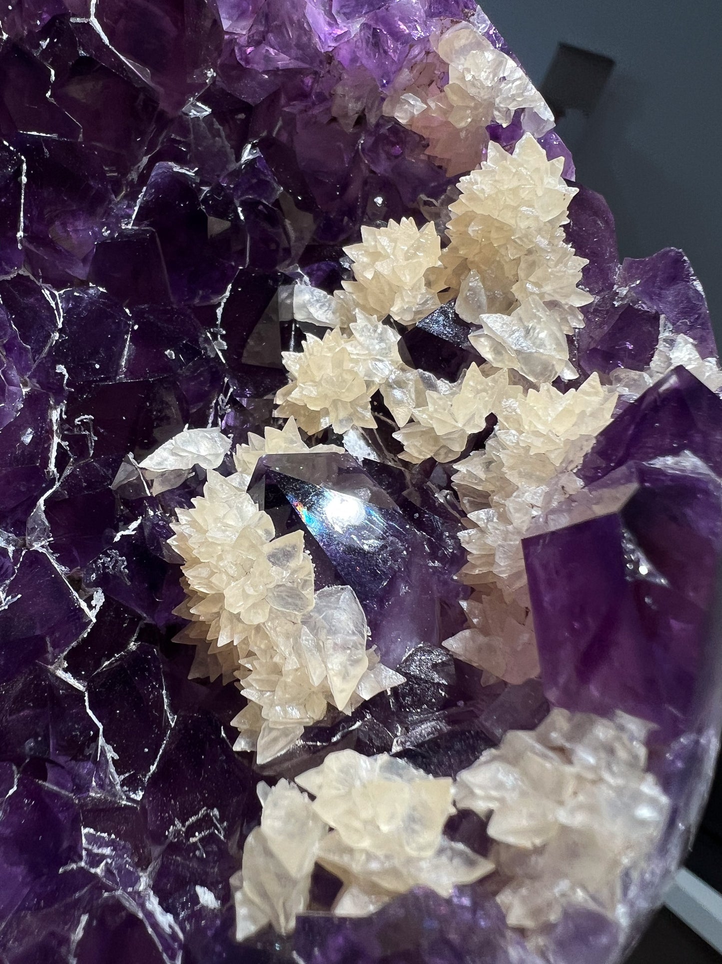 Amethyst natural cut base cluster with calcite flower garden