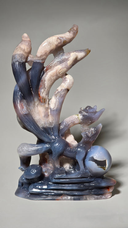 Flower Agate Nine Tail Fox Carving
