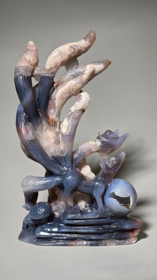 Flower Agate Nine Tail Fox Carving