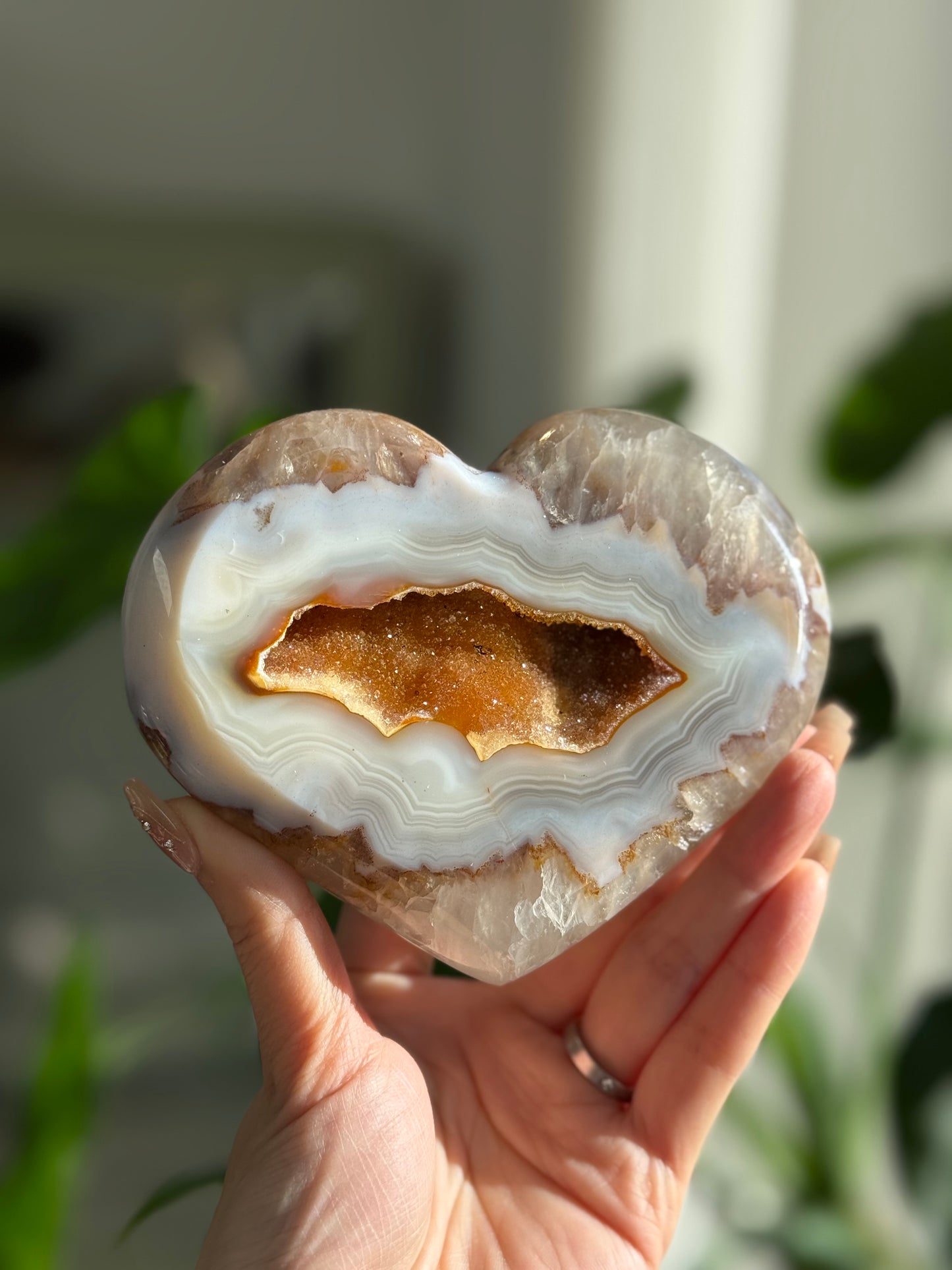 Agate Heart with yellow Quartz sugar Druzy Geode