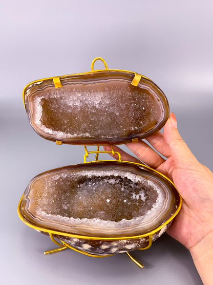 Agate natural geode Jewellery box with calcite