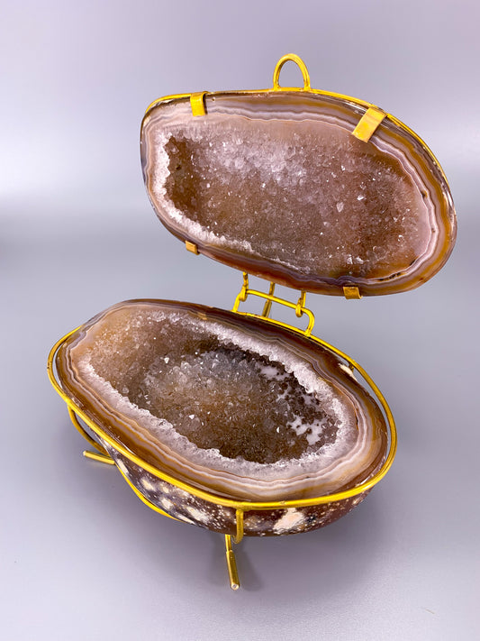 Agate natural geode Jewellery box with calcite