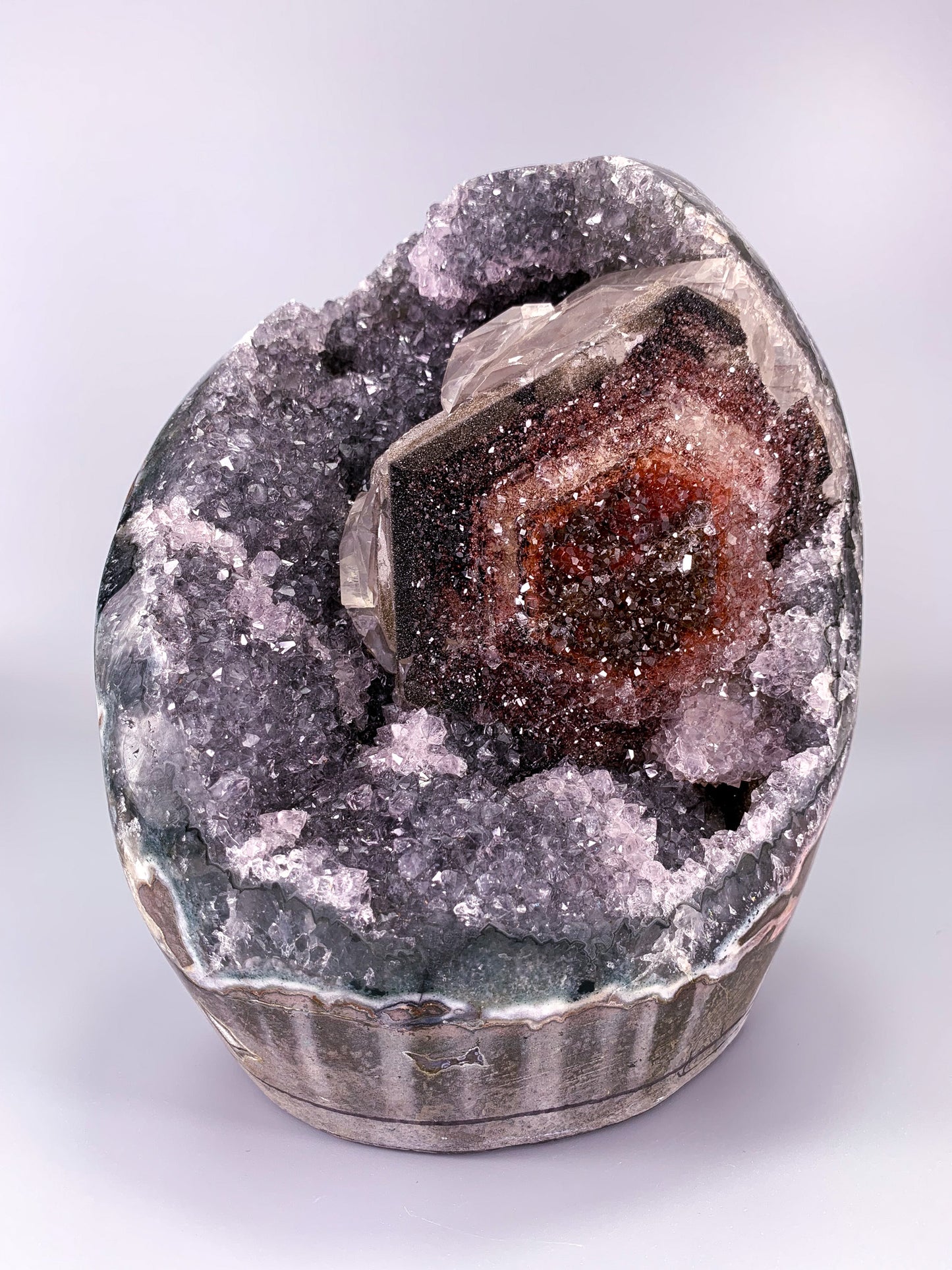 Amethyst natural Druzy cluster with calcite and Multicolor Hematite