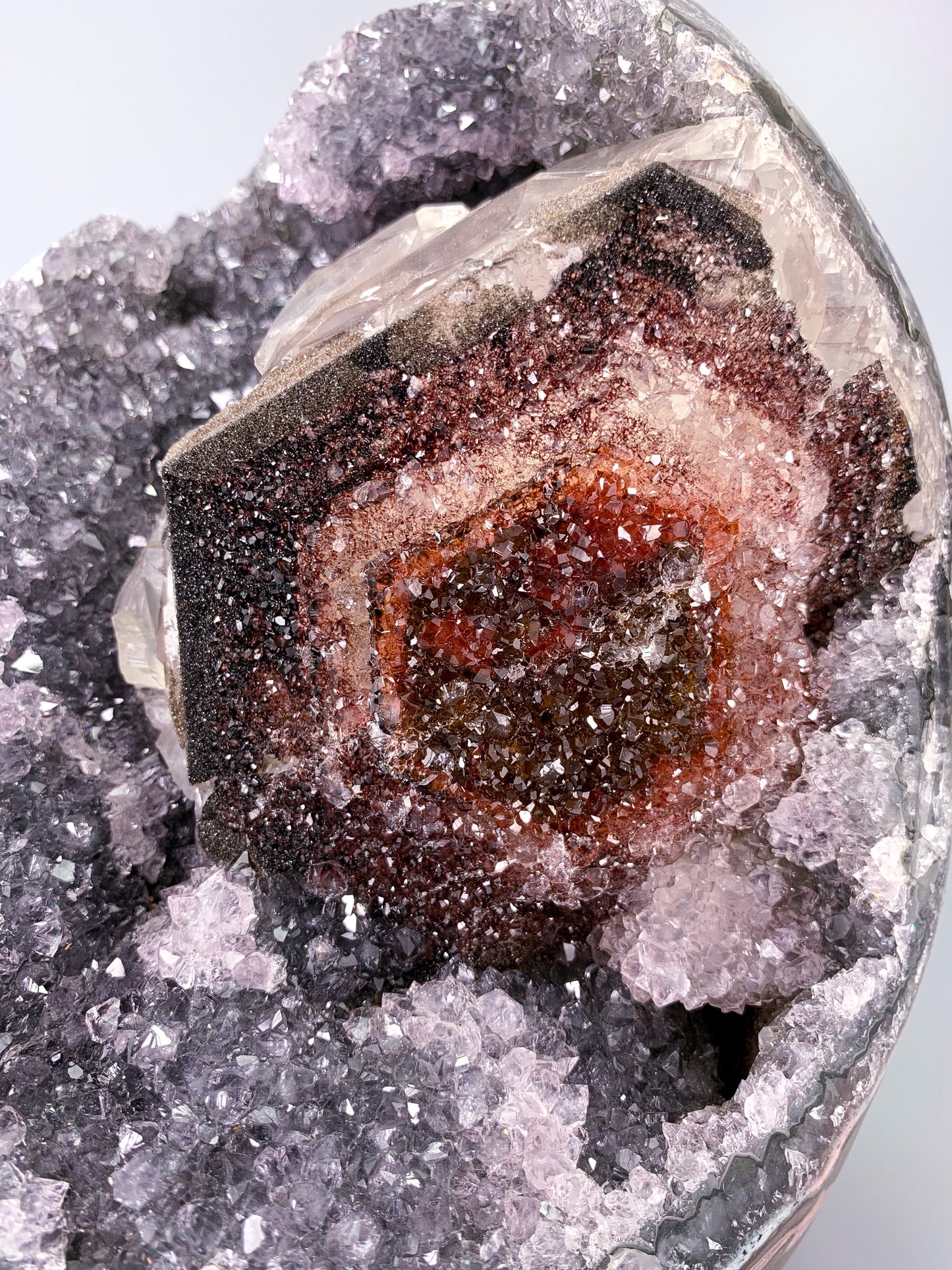 Amethyst natural Druzy cluster with calcite and Multicolor Hematite