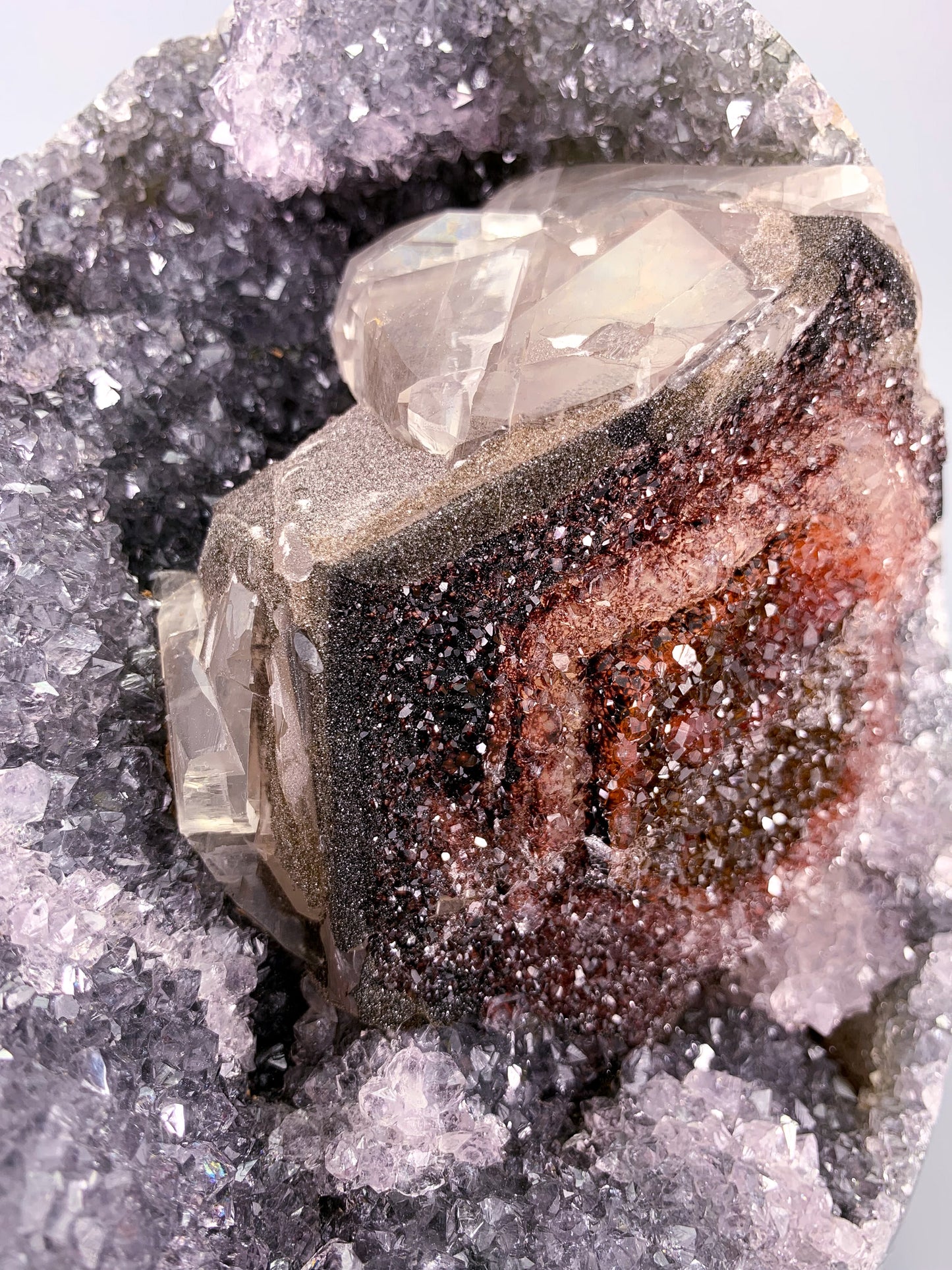 Amethyst natural Druzy cluster with calcite and Multicolor Hematite