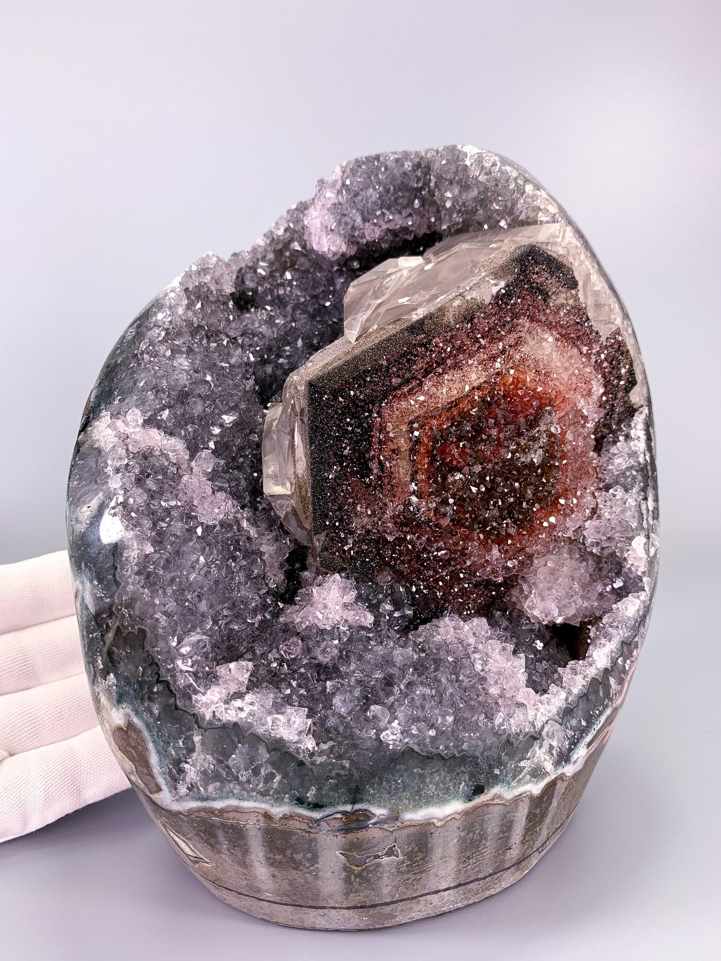 Amethyst natural Druzy cluster with calcite and Multicolor Hematite