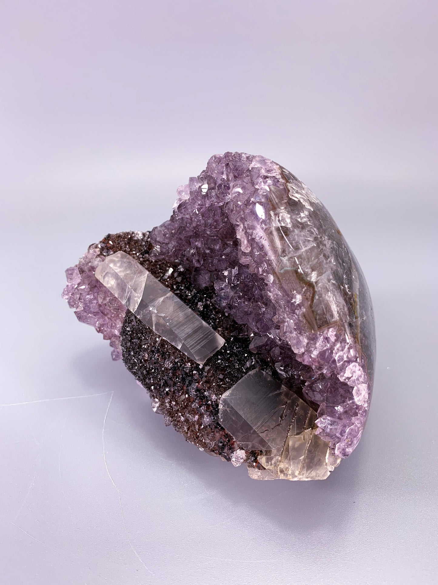 Amethyst natural cluster cut base with calcite and Red/Black Hematite