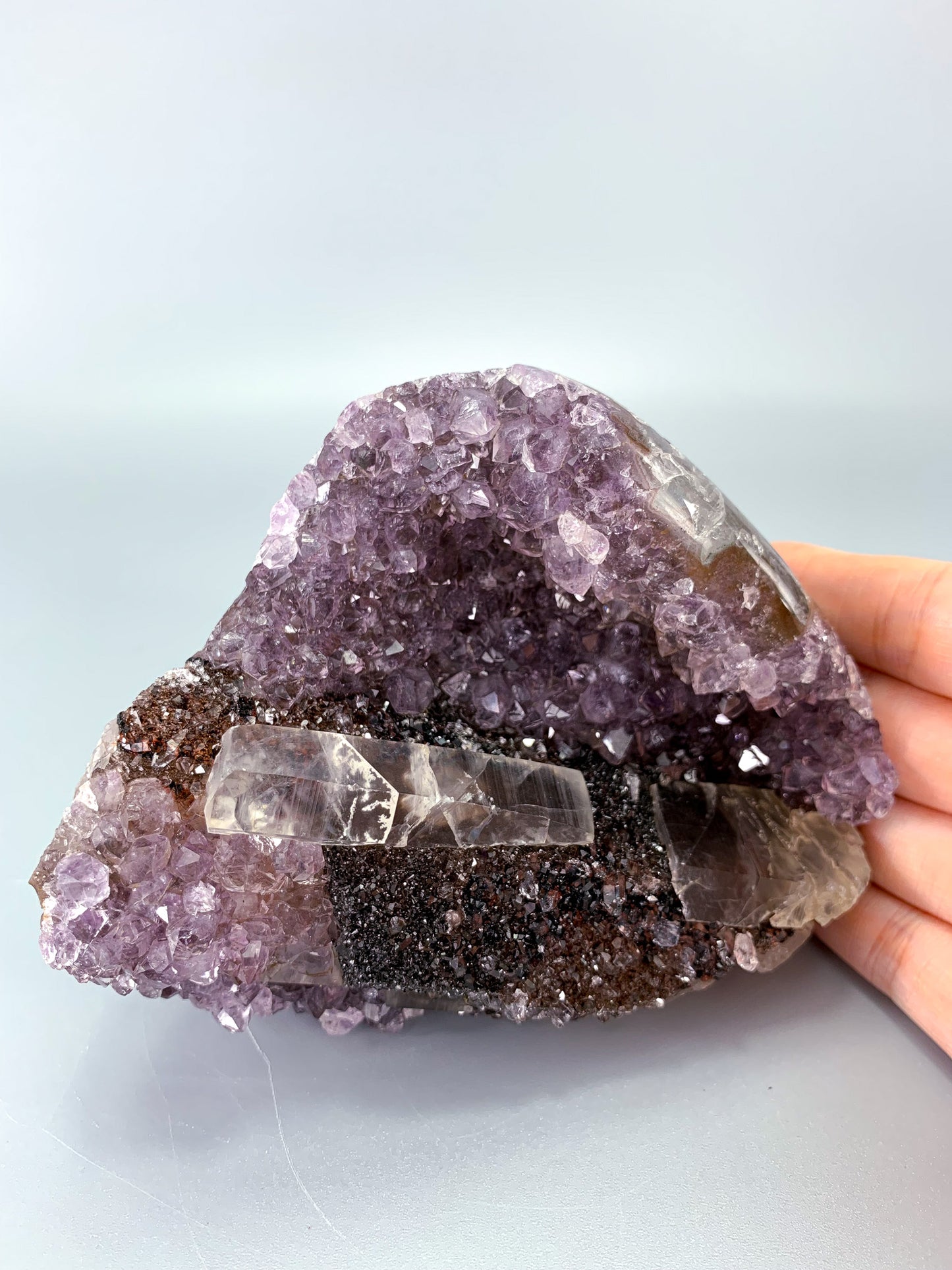 Amethyst natural cluster cut base with calcite and Red/Black Hematite