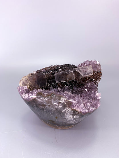 Amethyst natural cluster cut base with calcite and Red/Black Hematite