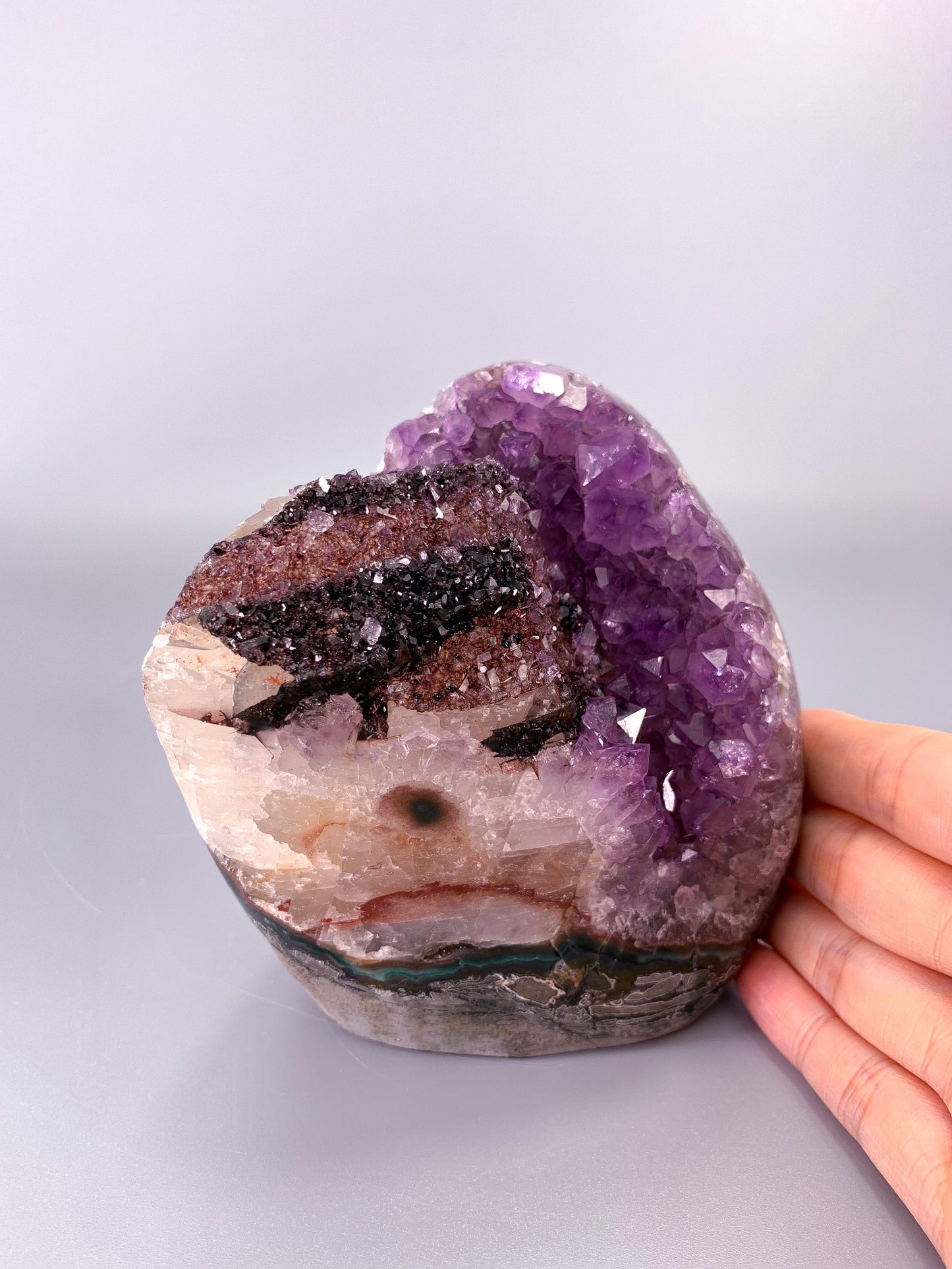 Amethyst natural cluster cut base with calcite and Hematite