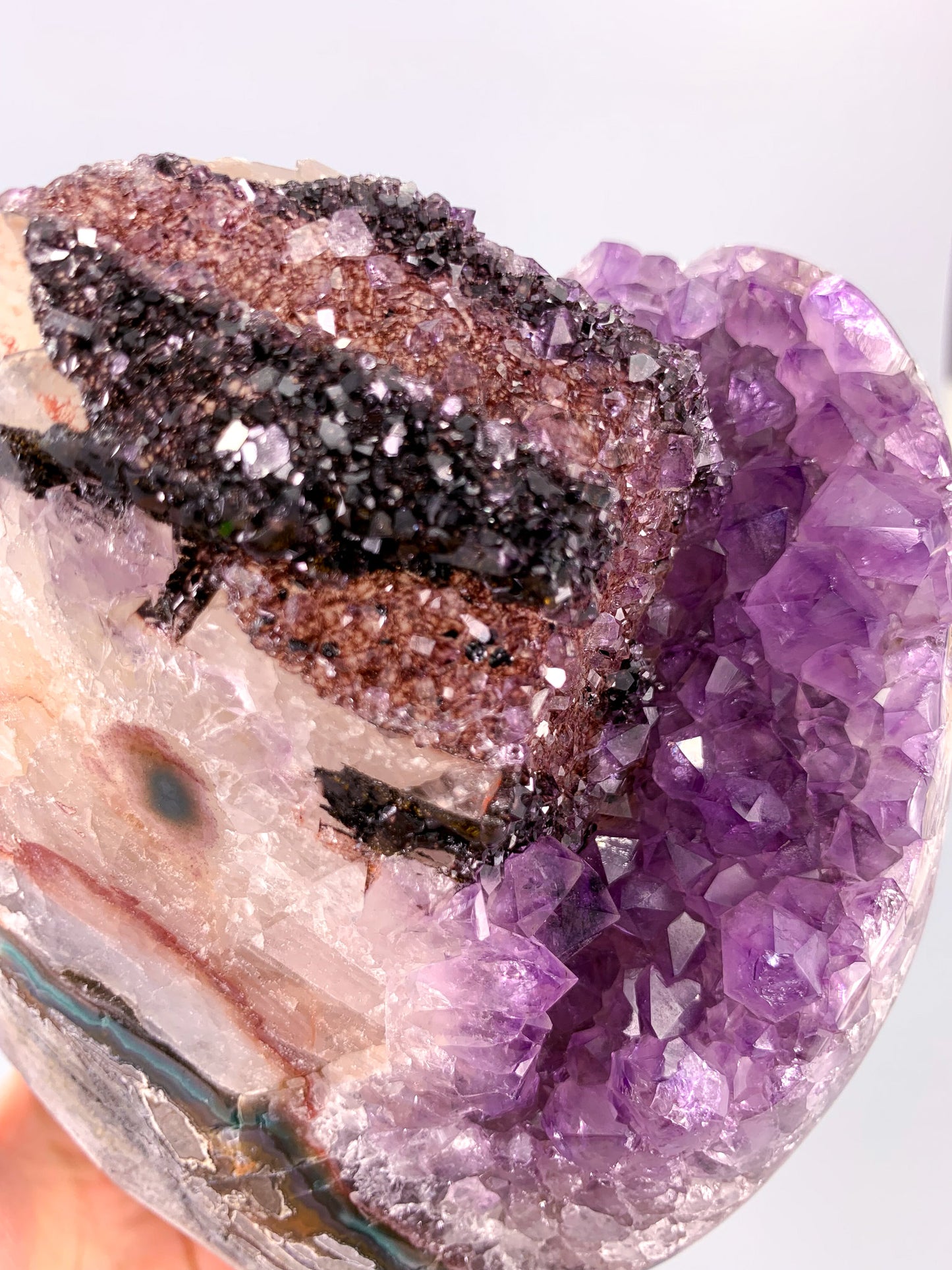 Amethyst natural cluster cut base with calcite and Hematite