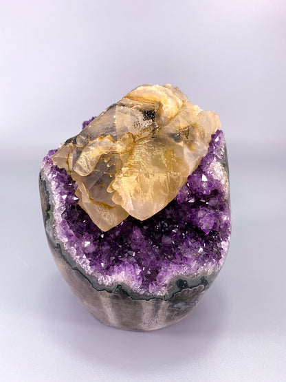 Amethyst natural cluster cut base with calcite and Hematite