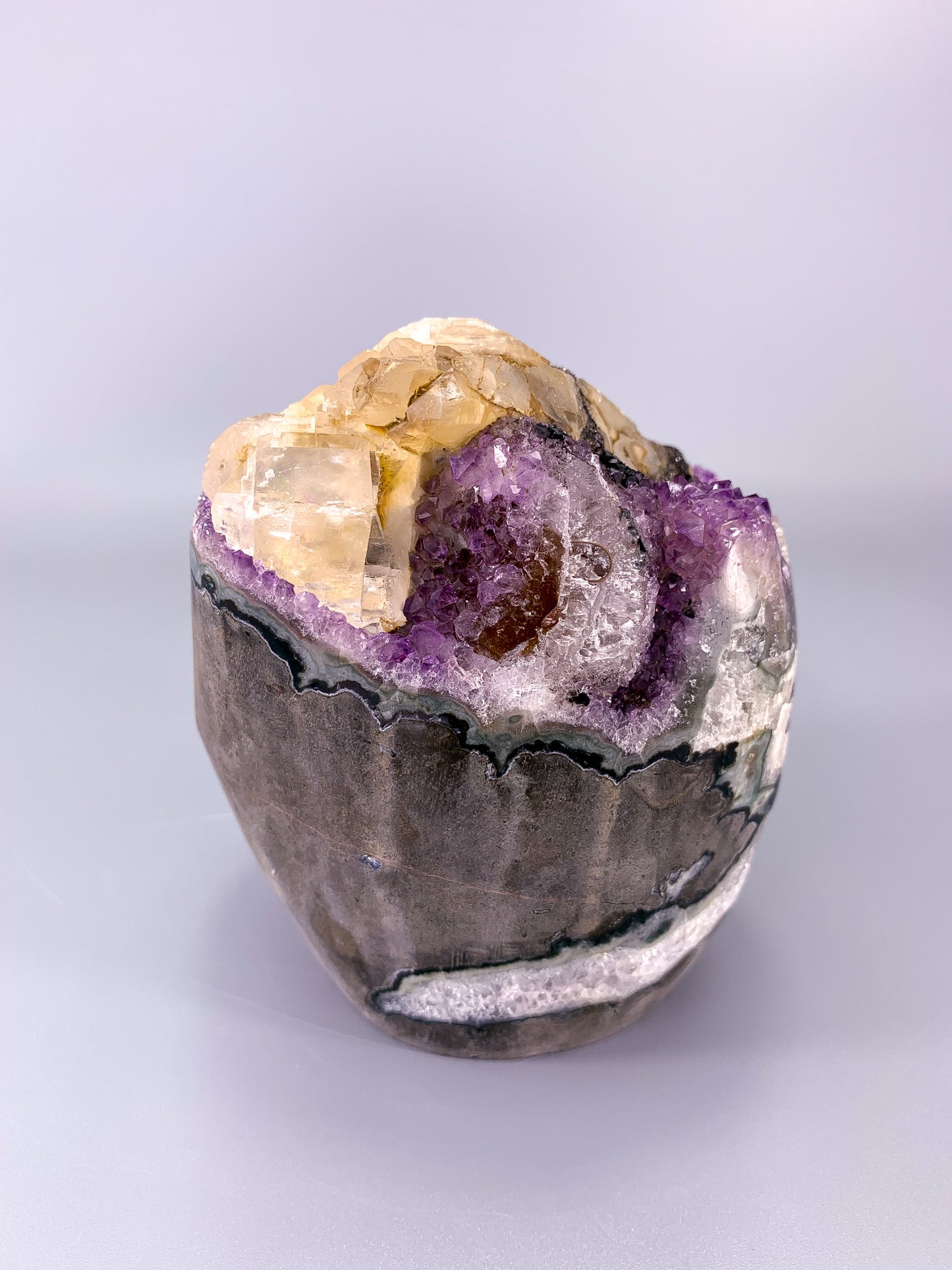 Amethyst natural cluster cut base with calcite and Hematite