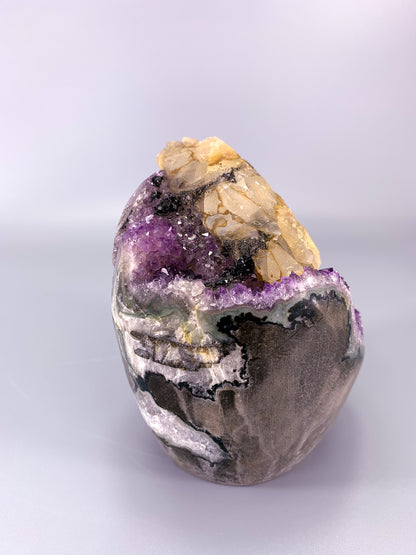 Amethyst natural cluster cut base with calcite and Hematite