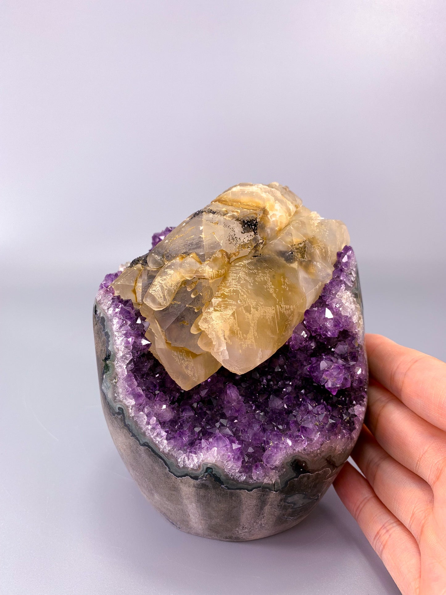 Amethyst natural cluster cut base with calcite and Hematite