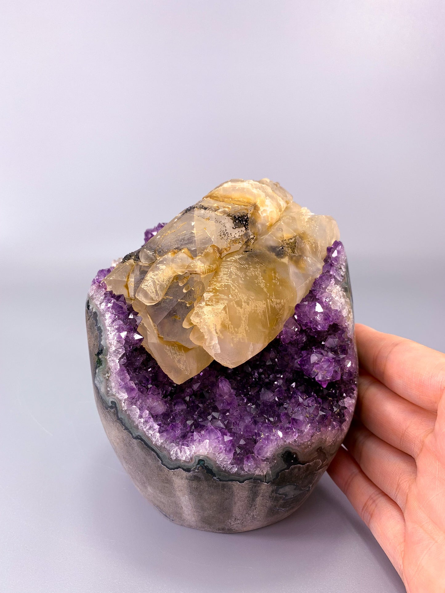 Amethyst natural cluster cut base with calcite and Hematite