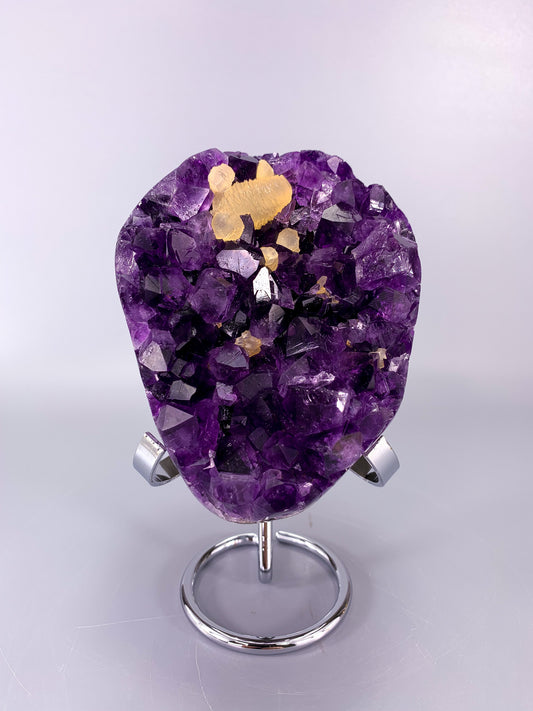 Amethyst natural cluster on stand with calcite