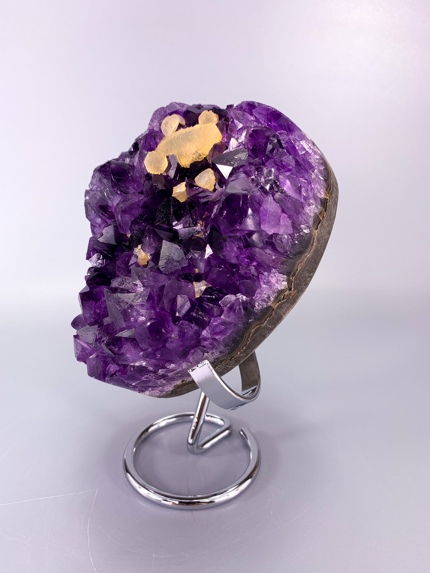 Amethyst natural cluster on stand with calcite