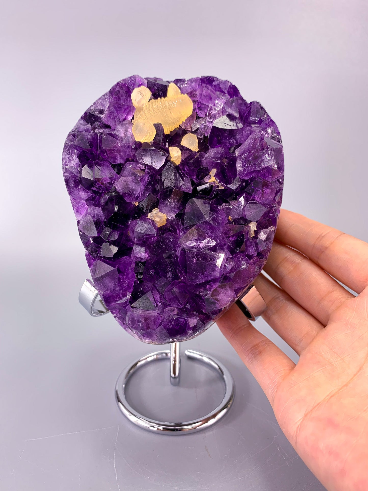 Amethyst natural cluster on stand with calcite