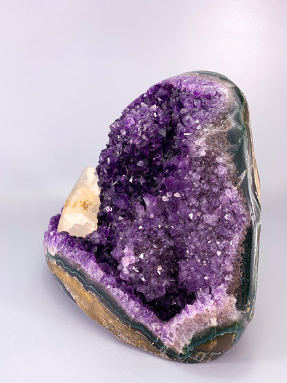 Large Amethyst natural cut base cluster with calcite