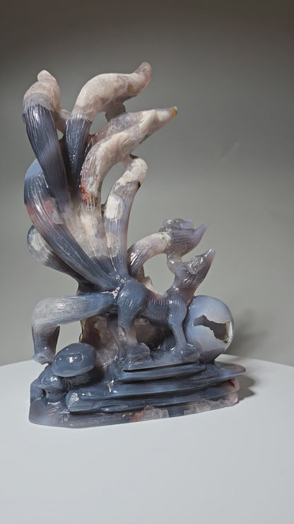 Flower Agate Nine Tail Fox Carving